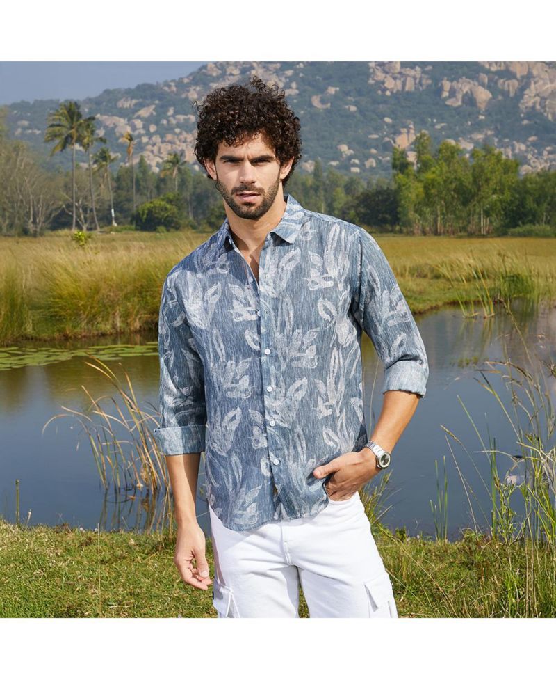 Men's Steel Blue Stroked-Petals Shirt