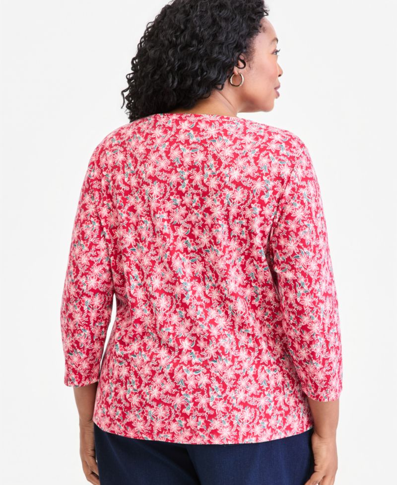 Petite Printed 3/4-Sleeve Henley Top
