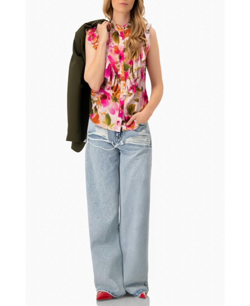 Women's Sleeveless Floral Blouse with Ruffle Detail