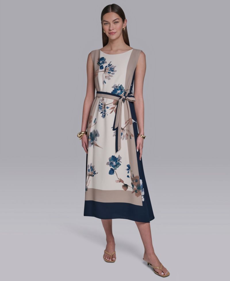 Women's Sleeveless Self-Belt Floral Printed Midi Dress
