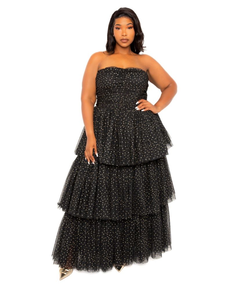 Plus Size Metallic Polka Dot Tiered Tulle Dress