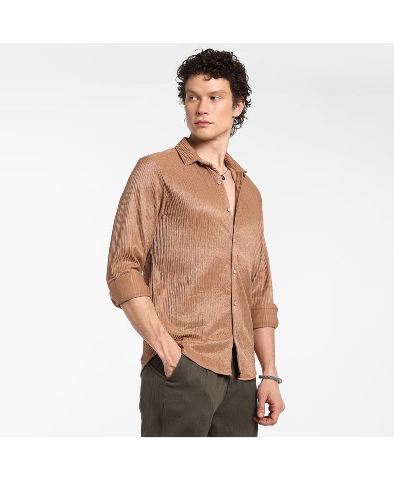 Men's Camel Beige Solid Creased Shirt