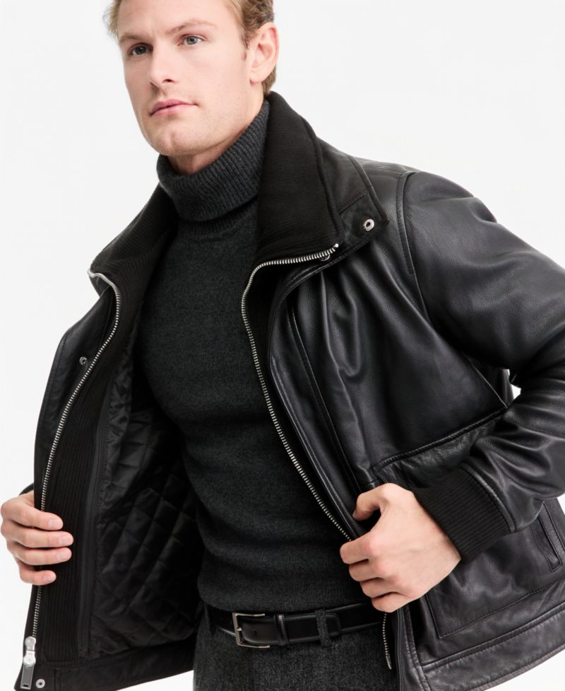 Men's Genuine Leather Bomber Jacket with Sweater Bib Insert
