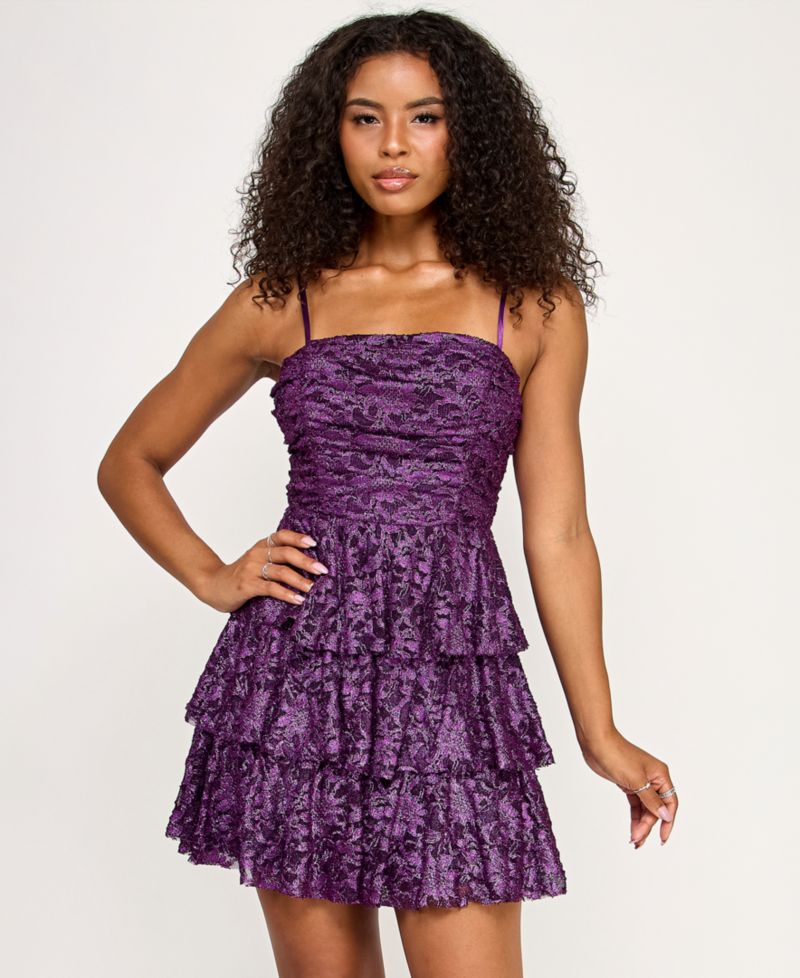 Juniors' Tiered Foil Lace Fit & Flare Dress