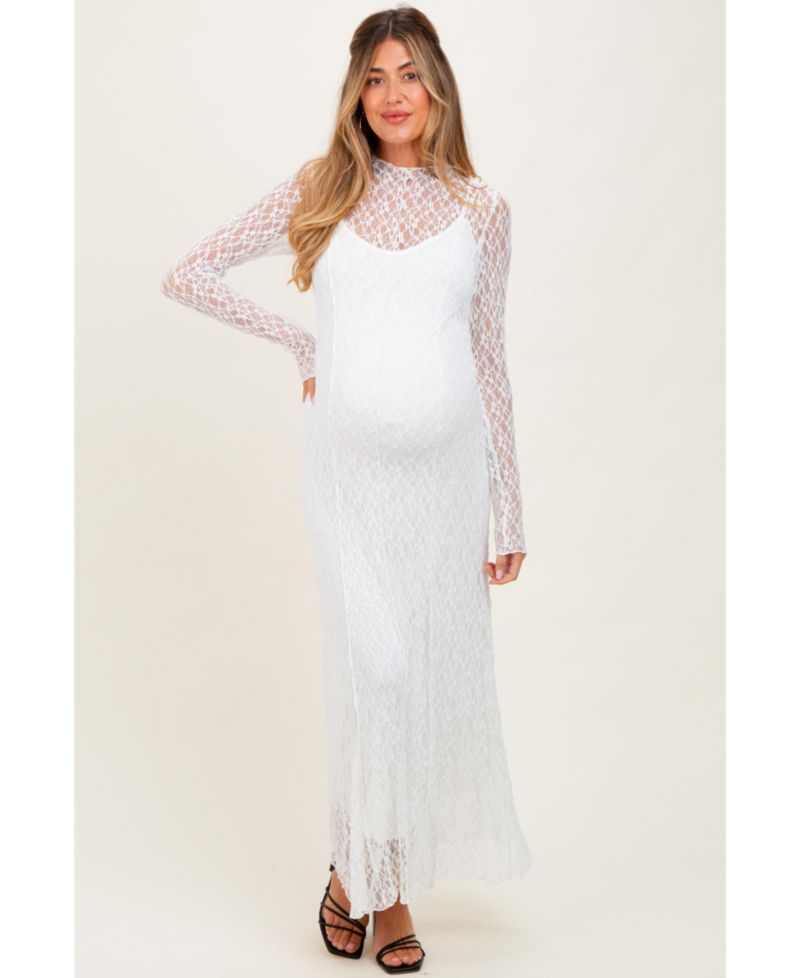 Women's Beige Lace Mock Neck Long Sleeve Maxi Dress