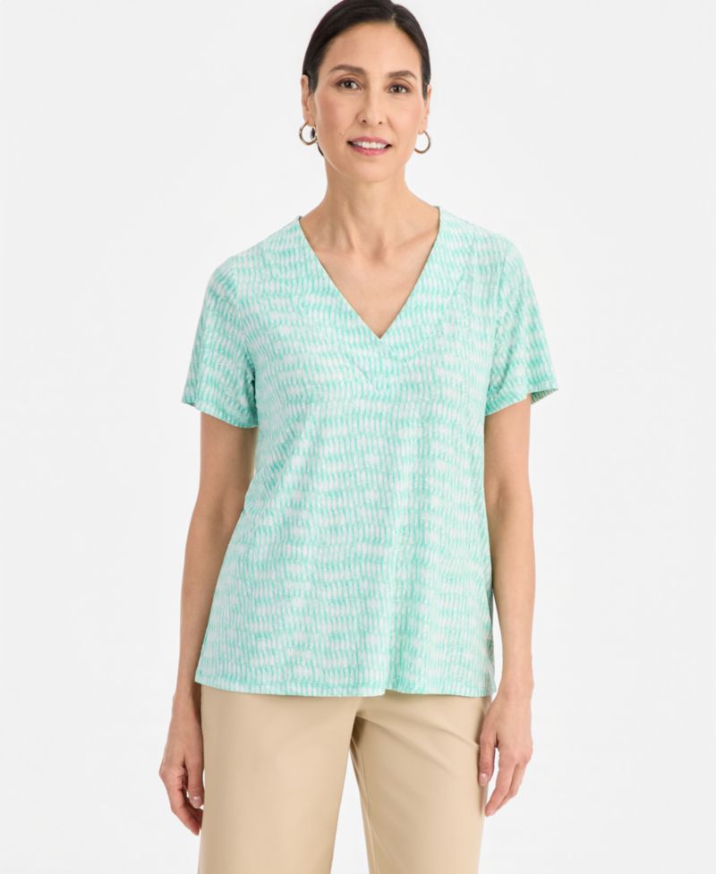 Women's Printed Short Sleeve V-Neck Jacquard Top