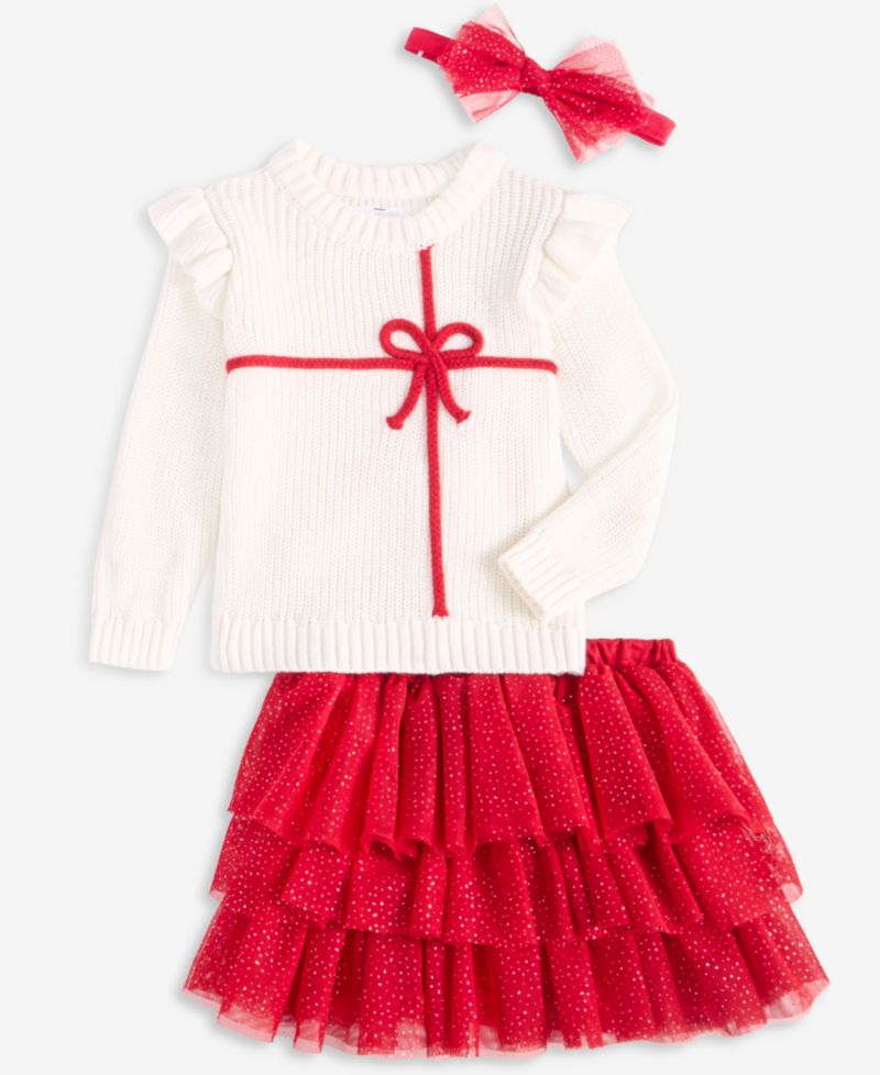 Baby Girls' Bow Tiered Glitter Headband, Sweater and Skirt, 3-Piece Set