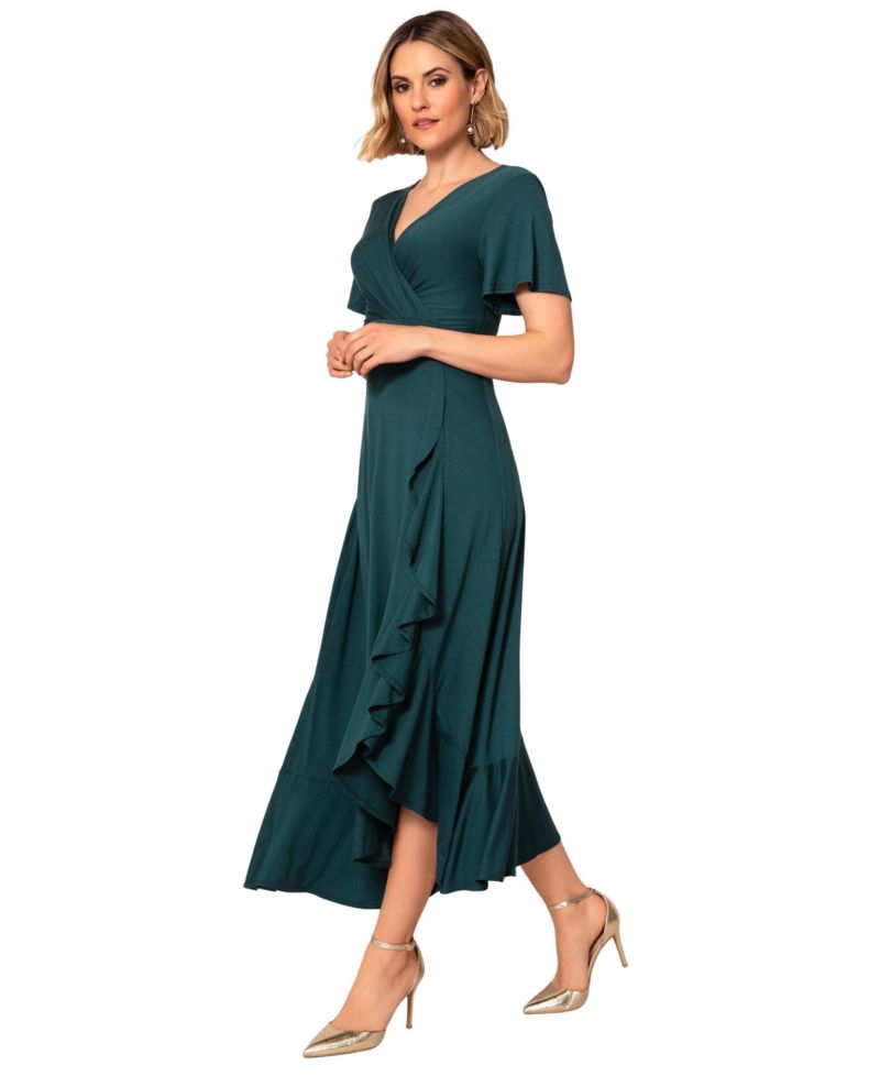 Petite Waterfall Ruffle Wrap V-Neck Short-Sleeve Midi Dress