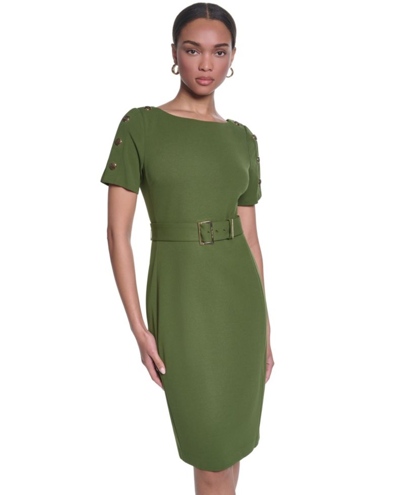 Women's Scuba Crepe Sheath with Shoulder Buttons Dress