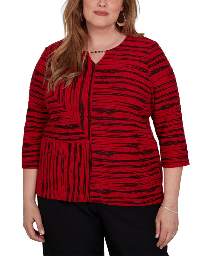 Plus Size Keyhole Neck Print 3/4-Sleeve Blouse
