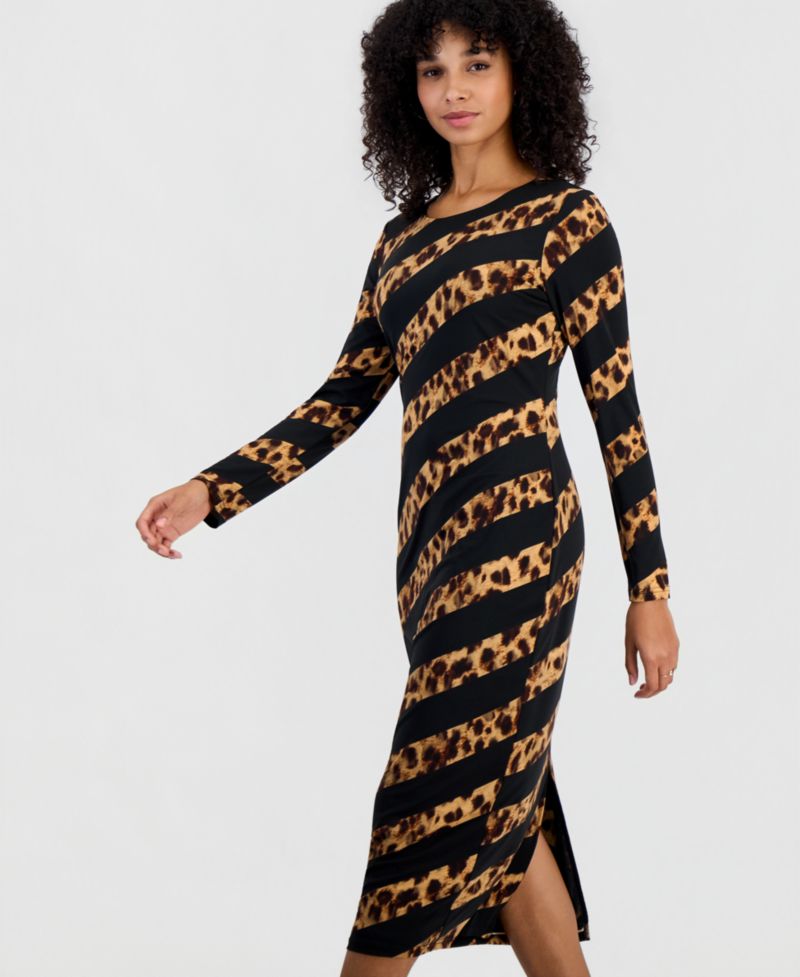 Women's Leopard-Print Long-Sleeve Midi Dress