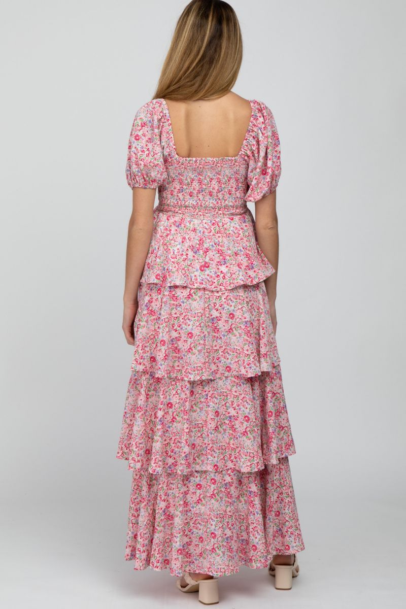 Women's Pink Floral Square Neck Ruffle Layered Maxi Dress