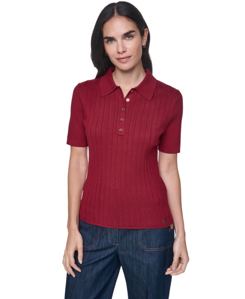 Women's Short-Sleeve Polo Ribbed Sweater