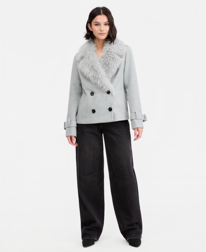 Marilyn & Me Juniors' Faux-Fur-Collar Double-Breasted Jacket