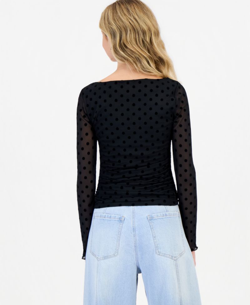 Juniors' Ruched Flocked Long-Sleeve Top