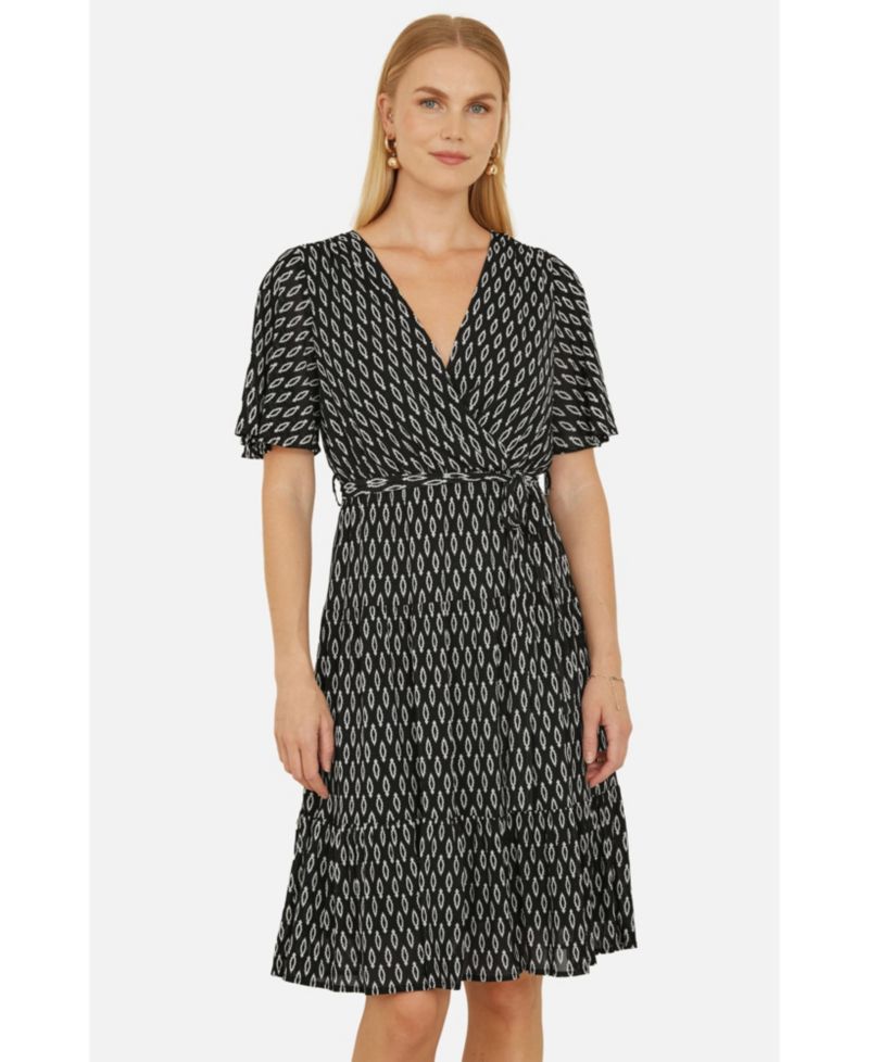 Women's Short Sleeve Tie Waist Midi Skater Dress