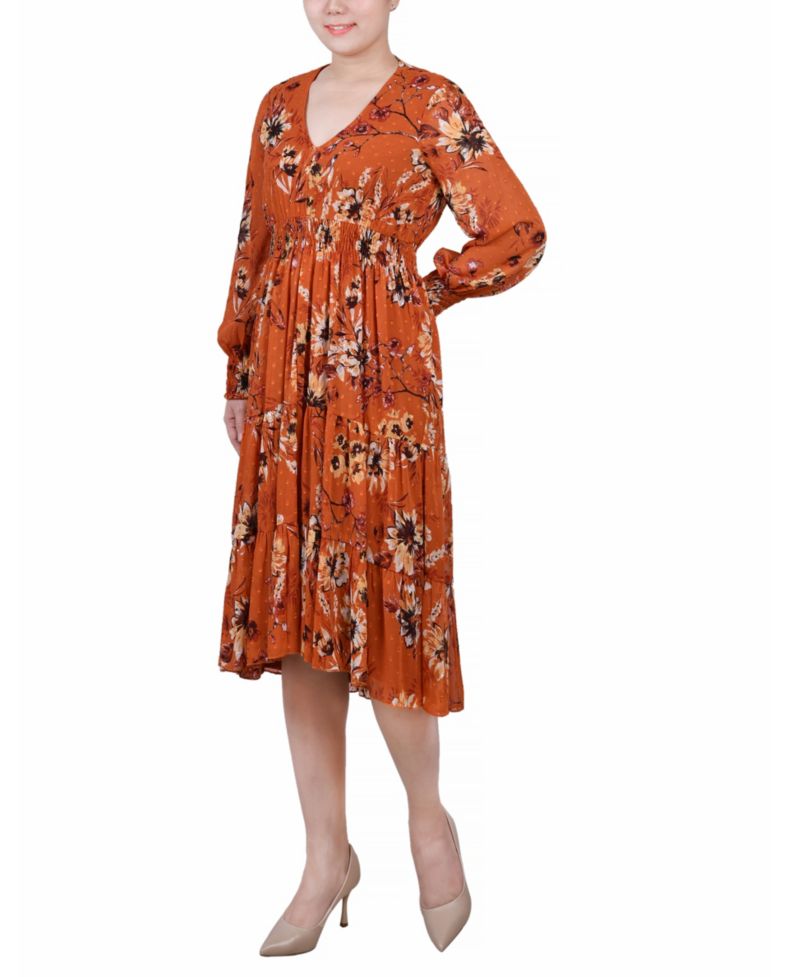 Women's Long-Sleeve Clip Dot Chiffon Dress with Smocked Waist and Cuffs Dress