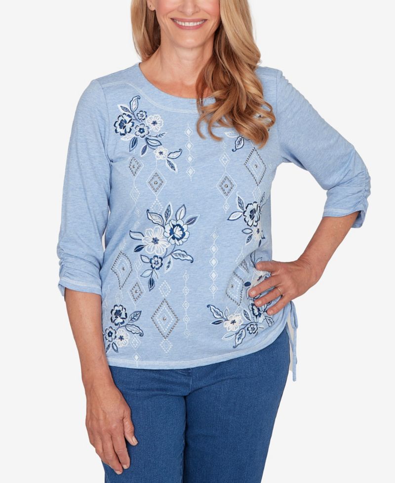 Petite Austin Floral Diamond Embroidered Knit Top