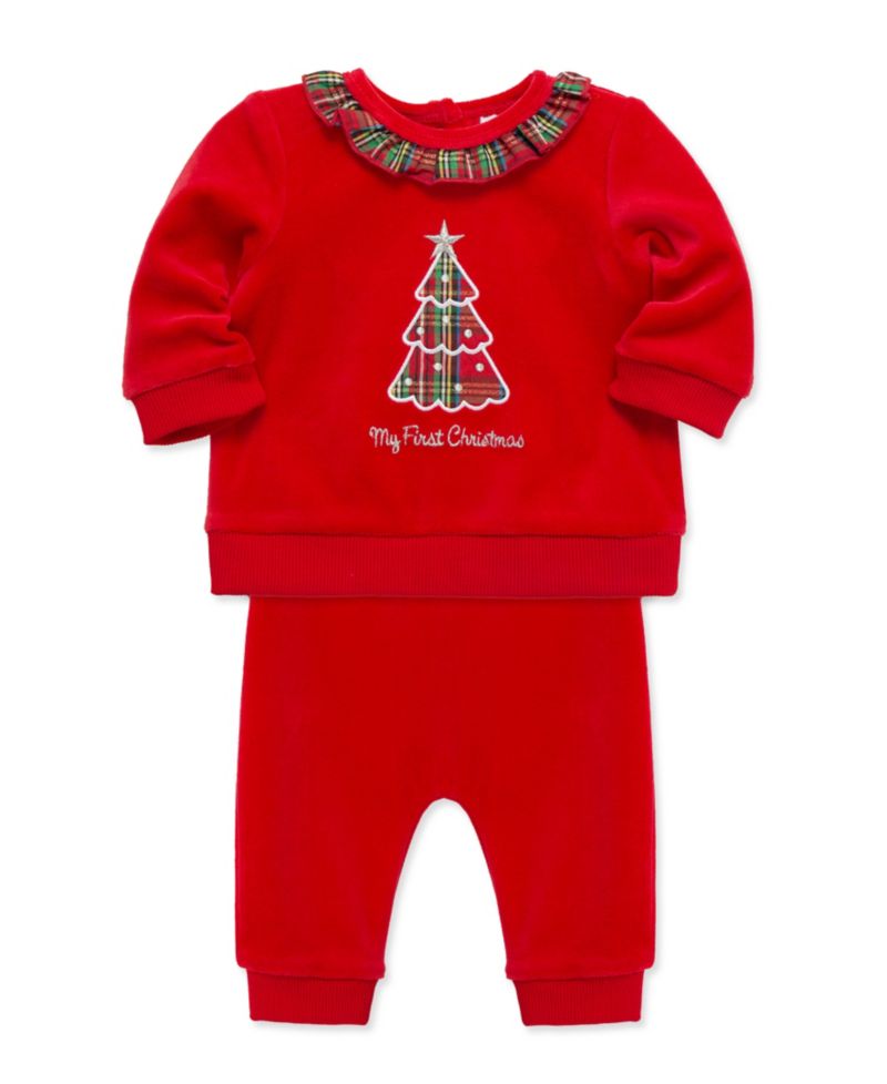 Baby Girls' Embroidered Plaid Christmas Tree Velour Top and Pants, 2-Piece Set