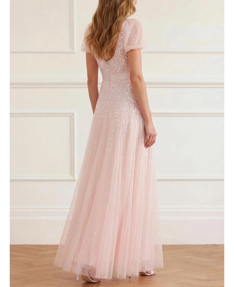 Women's Sequin Cascade Bow Short-Sleeve Gown