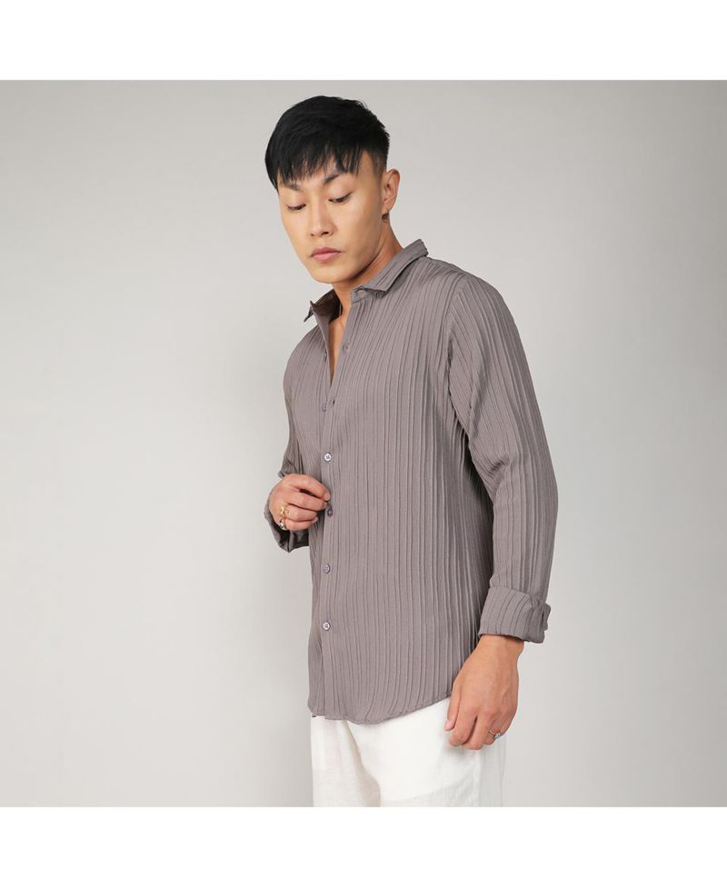 Men's Ash Grey Self-Design Striped Shirt