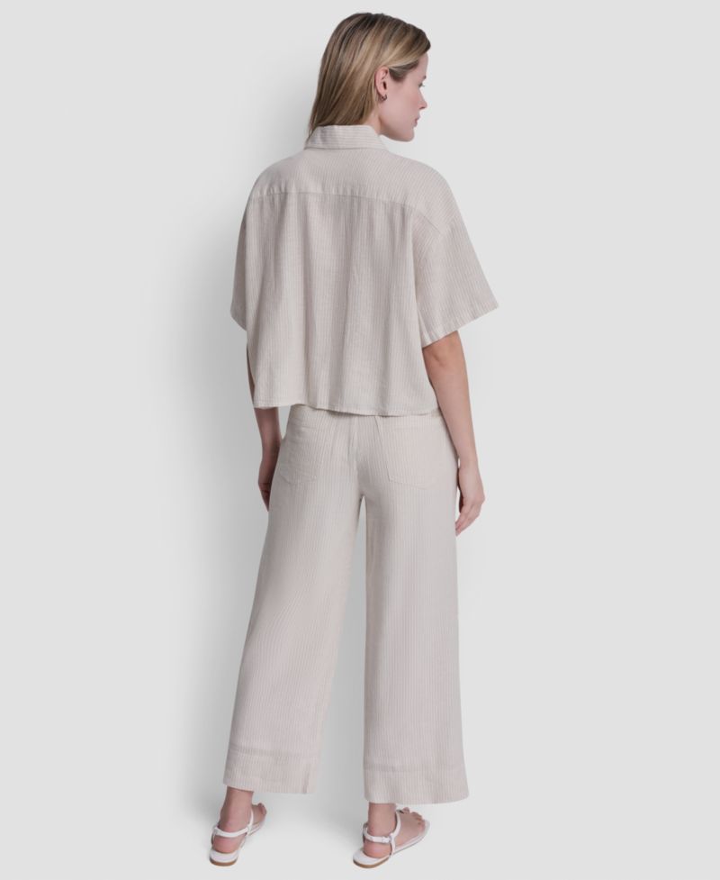 Petite Oversized Linen-Blend Cropped Short Sleeve Shirt