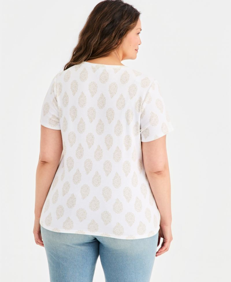 Plus Size Printed Short-Sleeve Henley Top