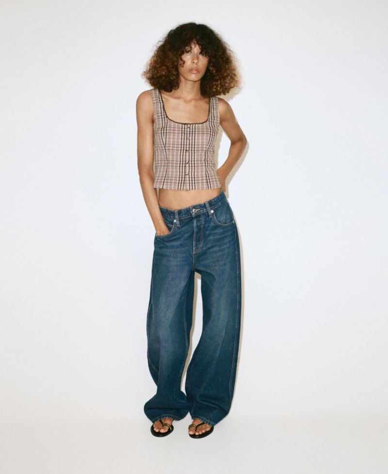 Women's Plaid Square Neck Cropped Cotton-Blend Top