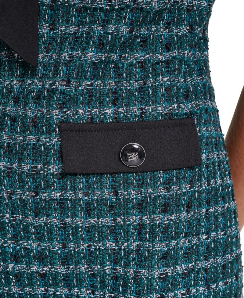 Women's Tweed A-Line With Neck Tie Plaid Short-Sleeve Dress