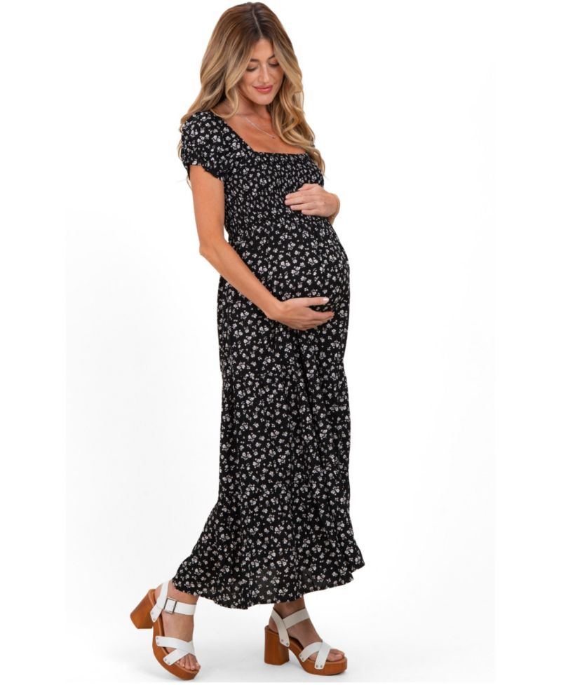 Women's Black Floral Smocked Puff Sleeve Maxi Dress