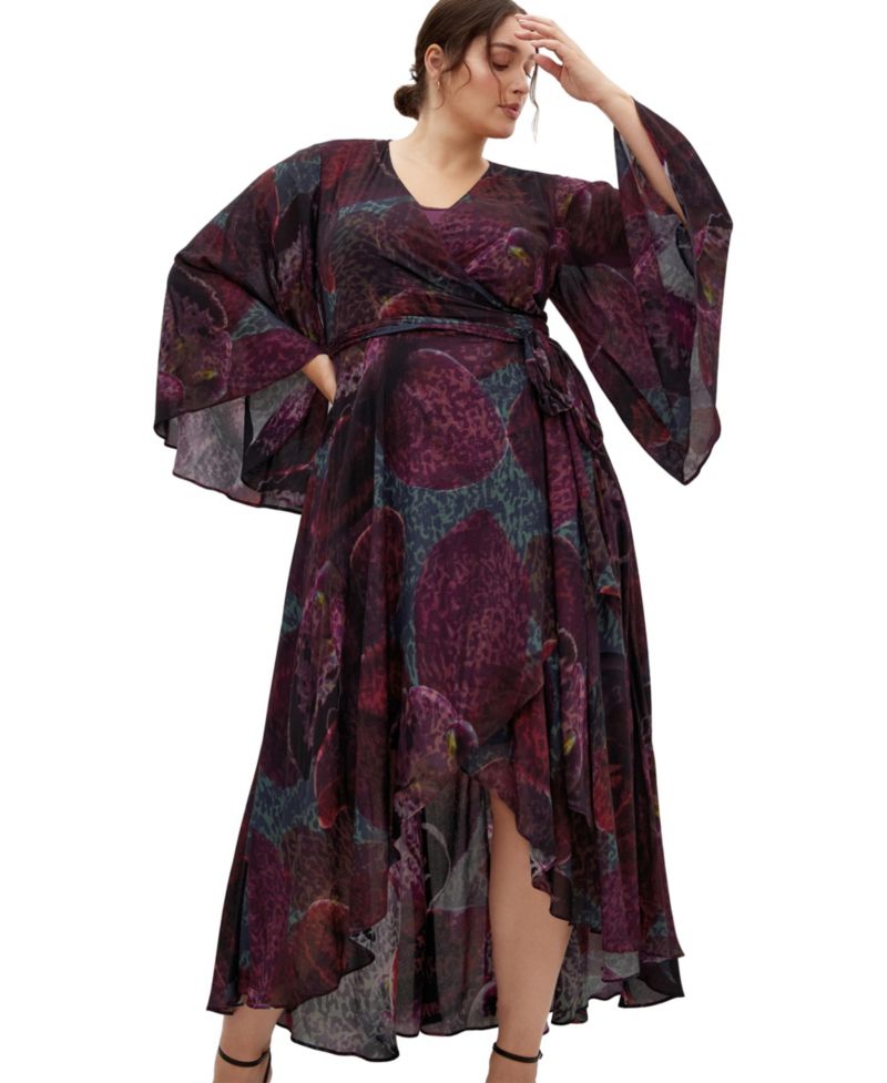 Women's Plus Size Evangeline V-Neck Bell-Sleeve Floral-Print Wrap Maxi Dress