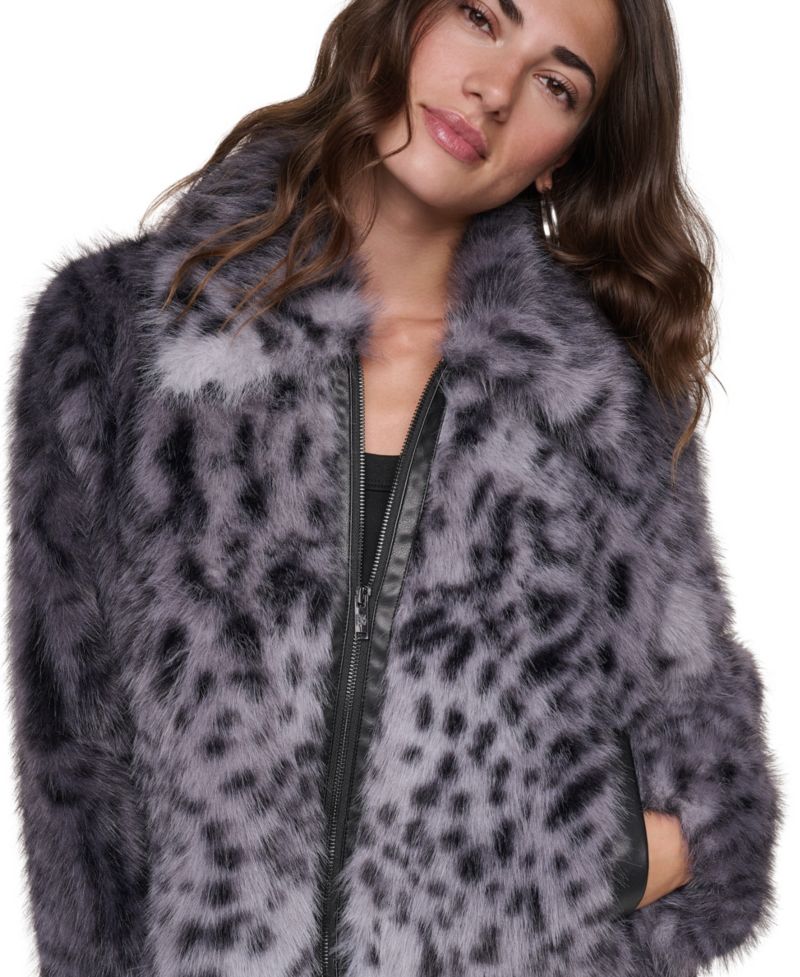 Women's Long-Sleeve Faux Fur Animal Print Jacket
