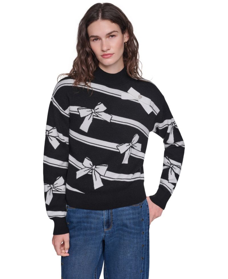 Women's Striped Mock Neck Bow Sweater