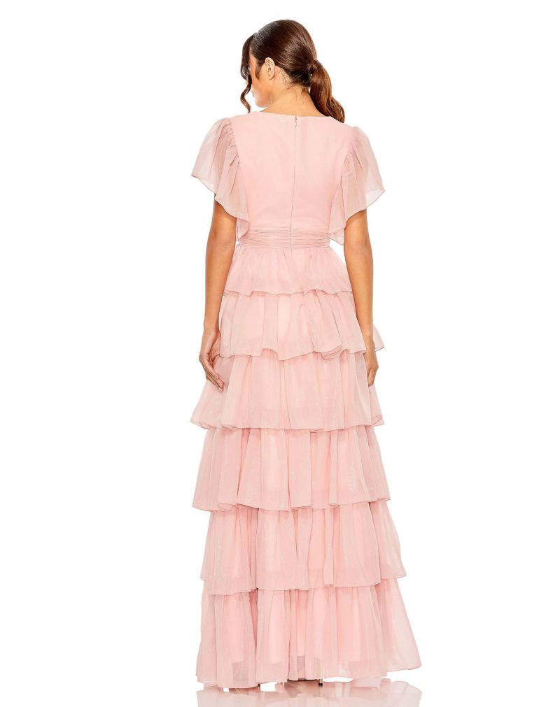 Women's Tiered Flutter Sleeve V-Neck Evening Gown