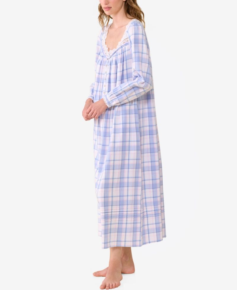 Women's Ballet Long-Sleeve Plaid Lace-Trim V-Neck Nightgown
