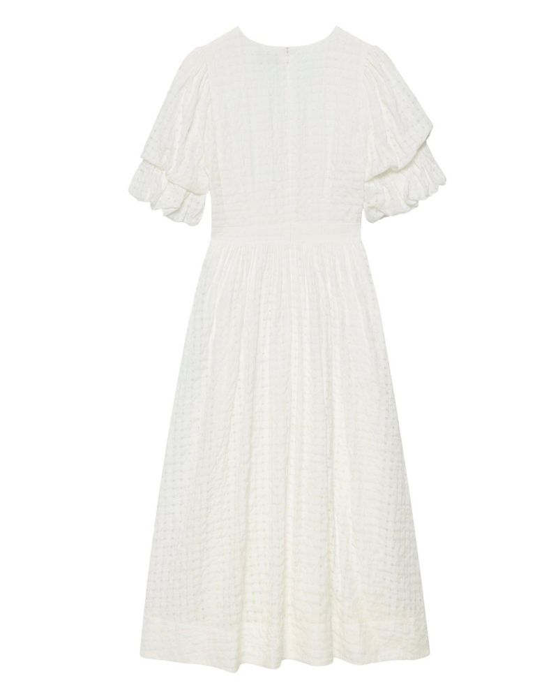 Women's Checked Puff-Sleeve V-Neck Midi Dress