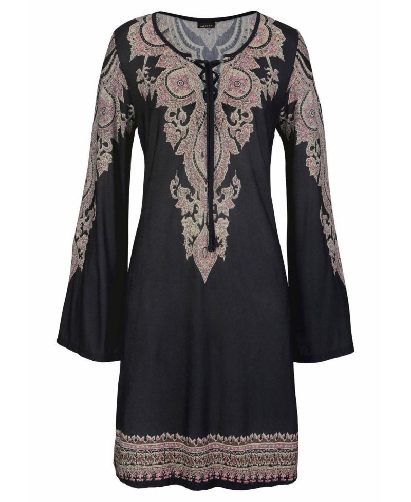 Women's Viscose Boho Print Lace Up Notch-Neck Short Dress