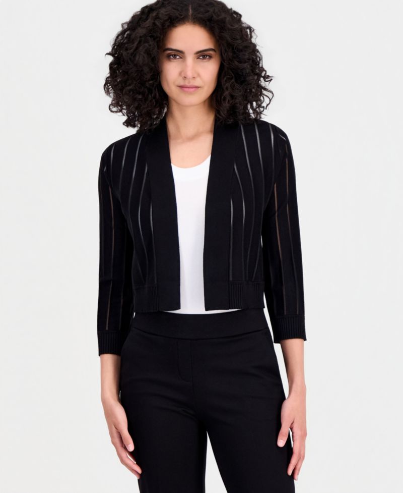 Petite Sheer-Stripe 3/4-Sleeve Cardigan