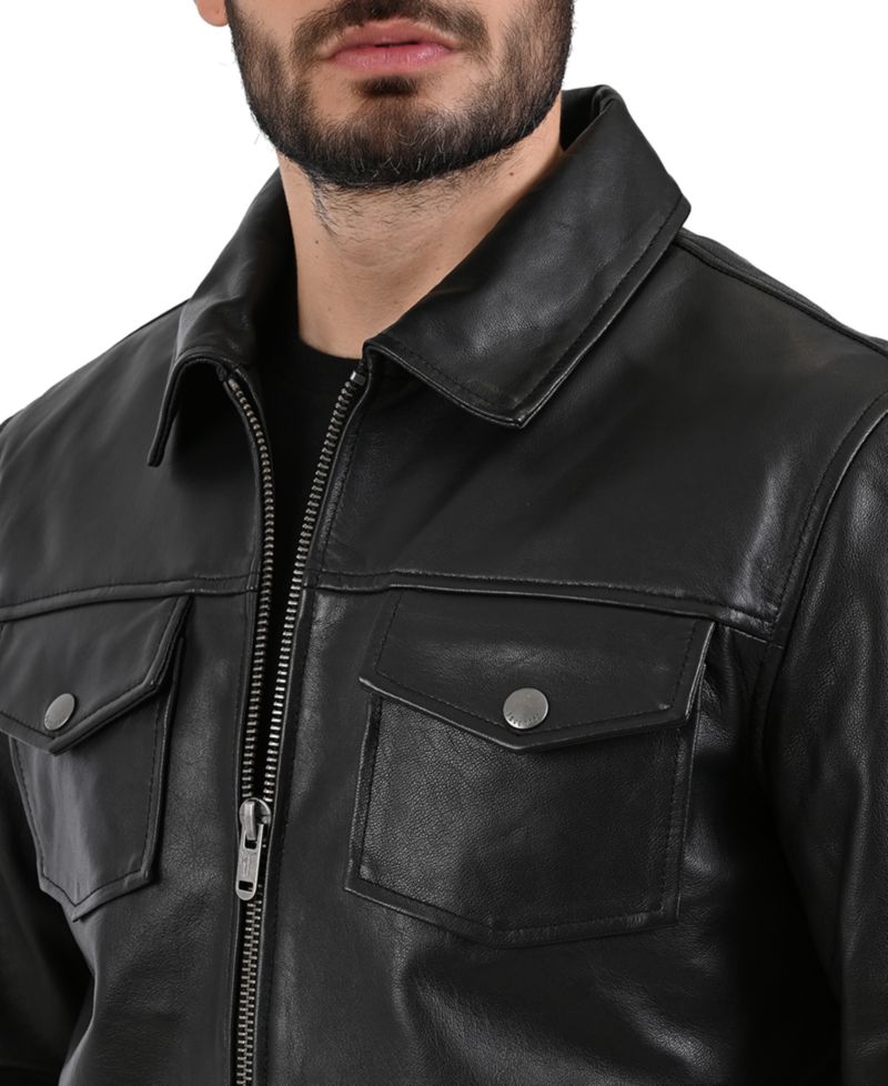 Men's Genuine Leather Regular-Fit Collared Neck Jacket