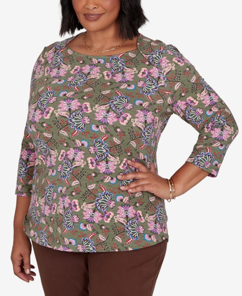 Plus Size Knt Garden Square Neck 3/4-Sleeve Floral Cotton-Blend T-Shirt