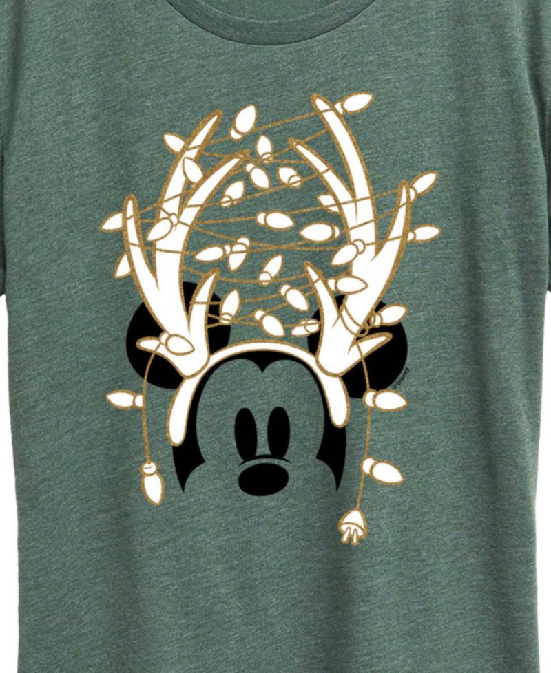 Disney Mickey Mouse Antlers ans Christmas Lights Women's Short Sleeve Graphic T-shirts
