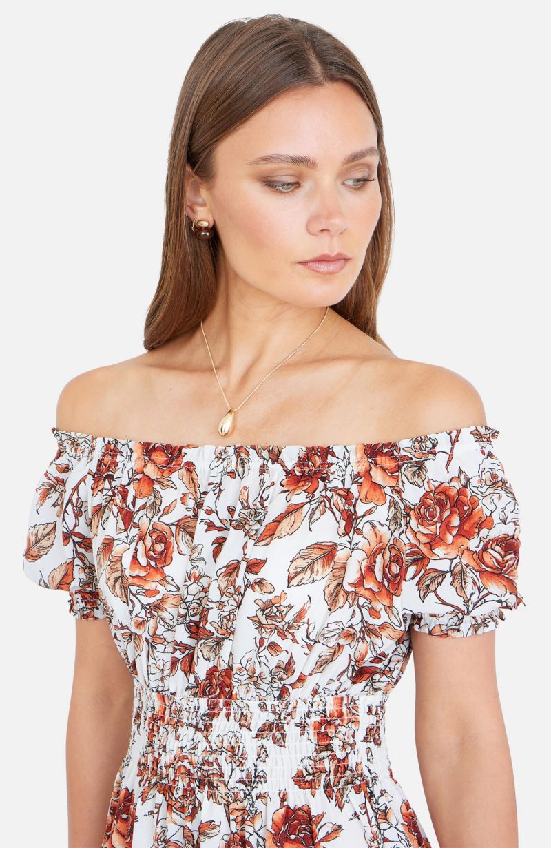 Women's Floral Ruched Waist Midi Dress