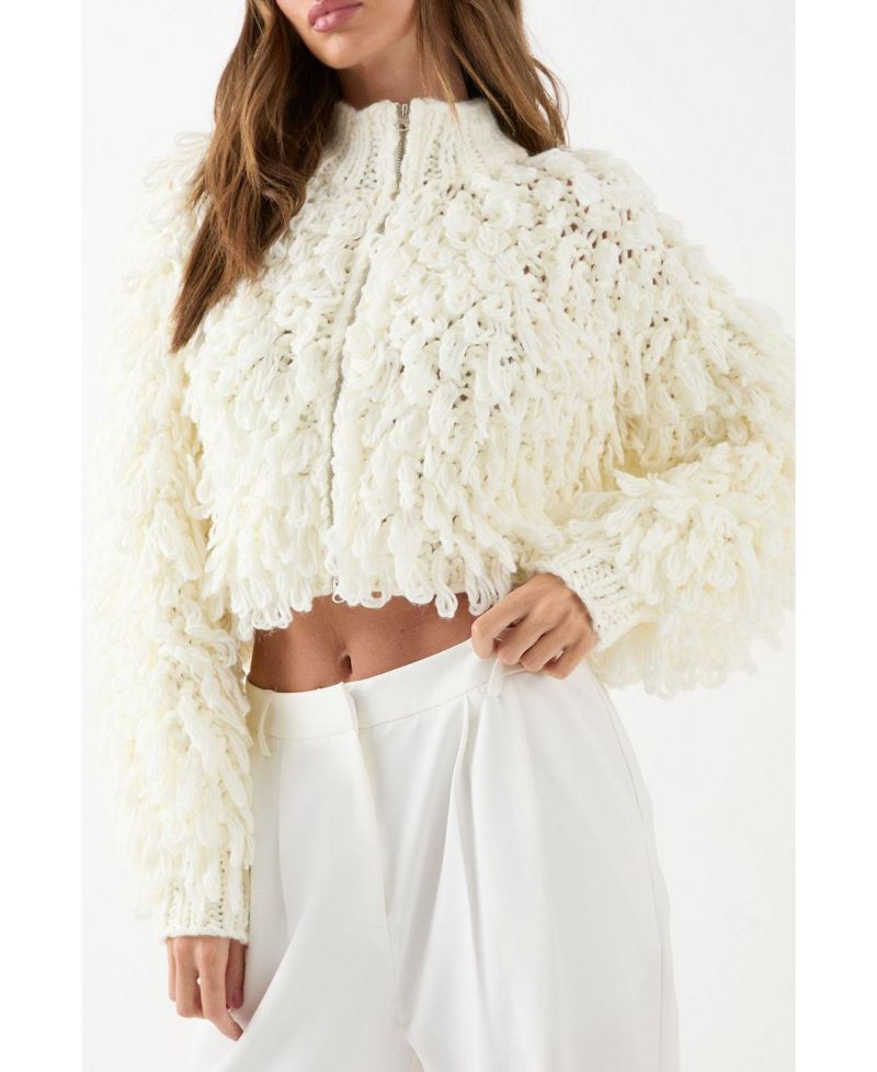 Women's Zip Up Cream Fringe Loop Cardigan