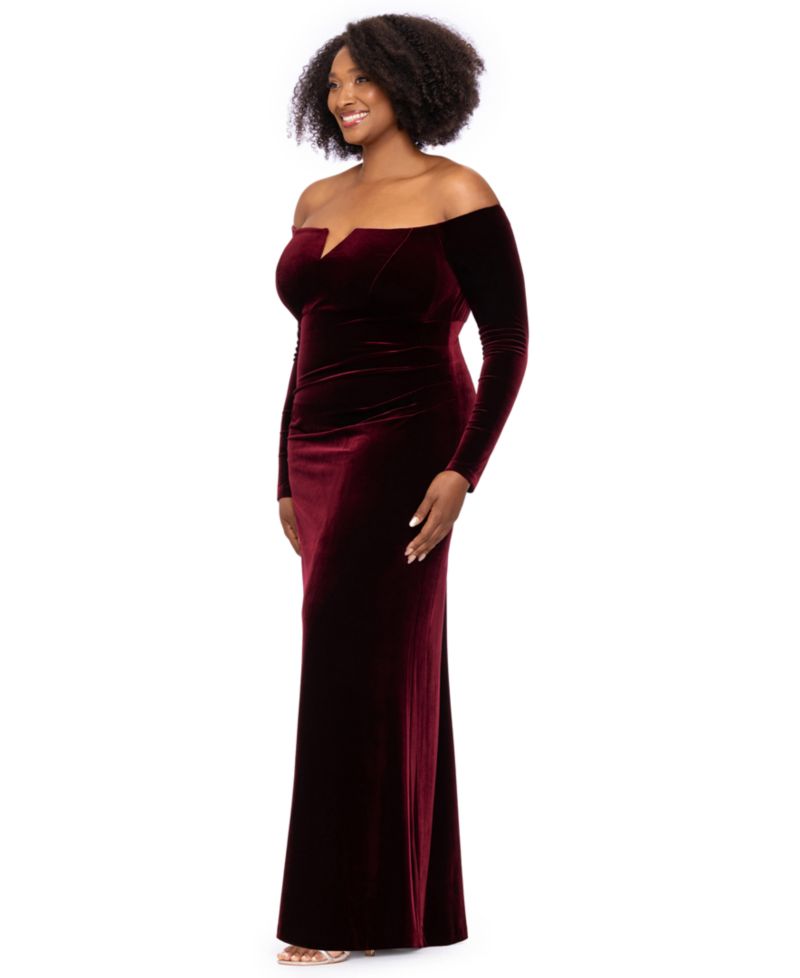Plus Size Off-the-Shoulder Velvet Long-Sleeve Gown