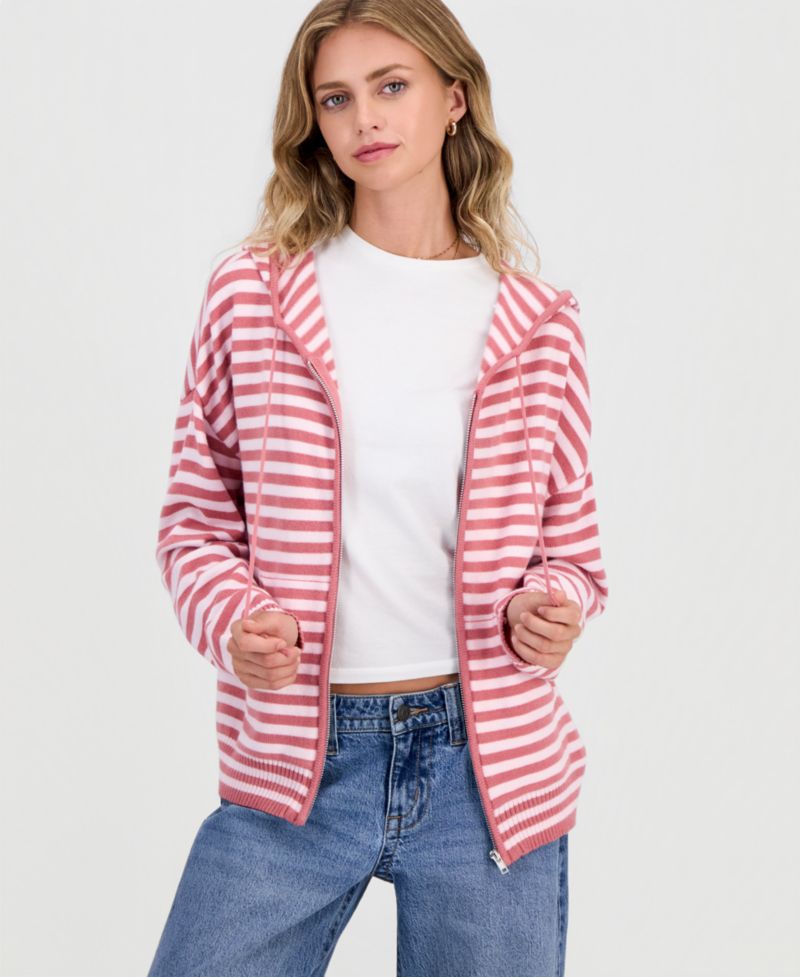 Juniors' Striped Full-Zip Hoodie Sweater