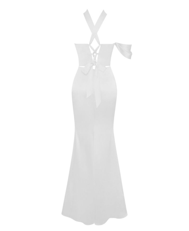 Women Ivona White Halter Neck Double Duchess Satin Gown