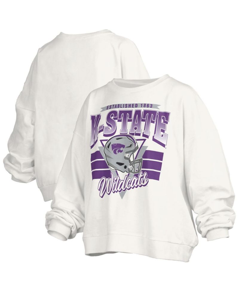 Women's White Kansas State Wildcats Oversized Janice Retro Waist-Length Pullover Sweatshirt