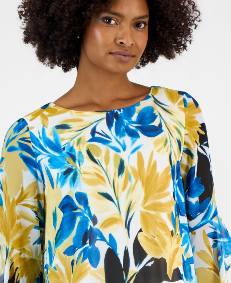 Women's 3/4 Ruffle-Sleeve Printed Boatneck Top, Regular & Petite