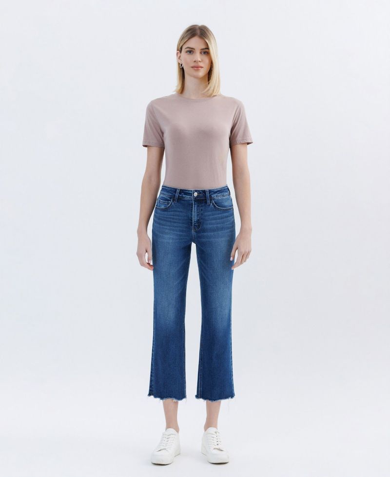 Women's High Rise Uneven Hem Crop Straight Jeans