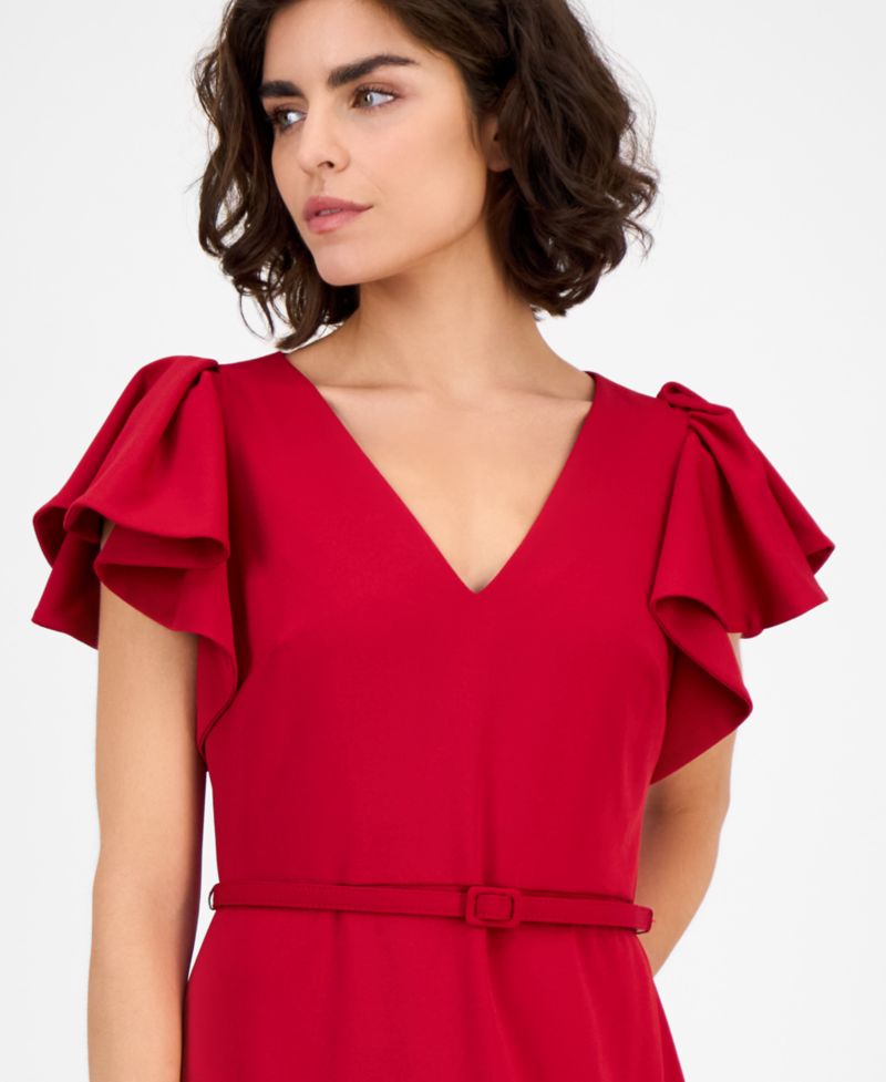 Women's V-Neck Ruffle-Sleeve Sheath Dress